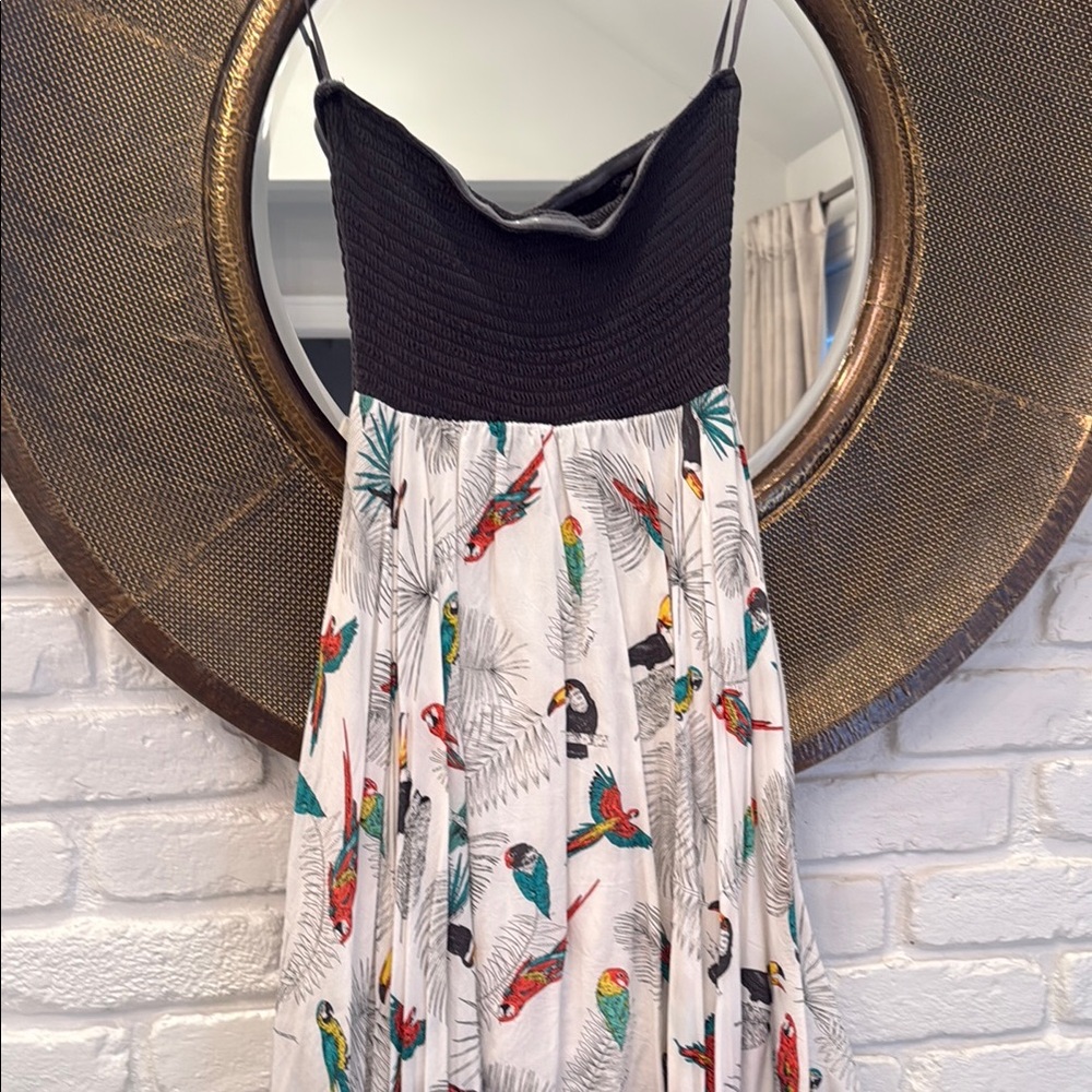 Animal Strapless Dress with Parrot Print - Black and Cream
